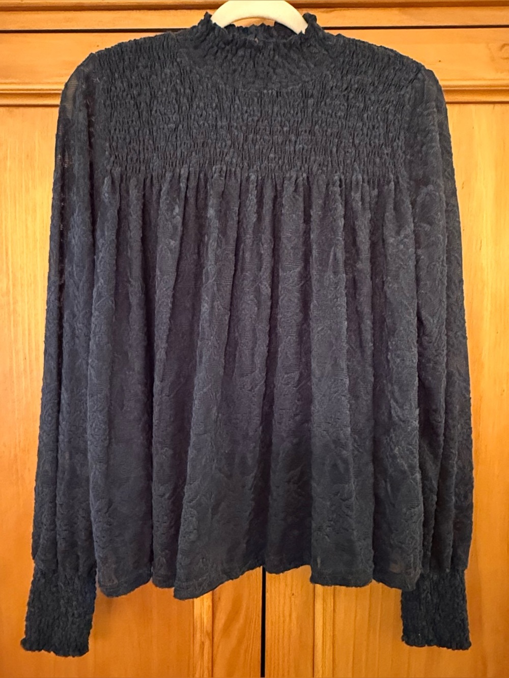 Anthropologie Deletta Long Sleeve Navy Sheer Stretchy Top with Smocking L